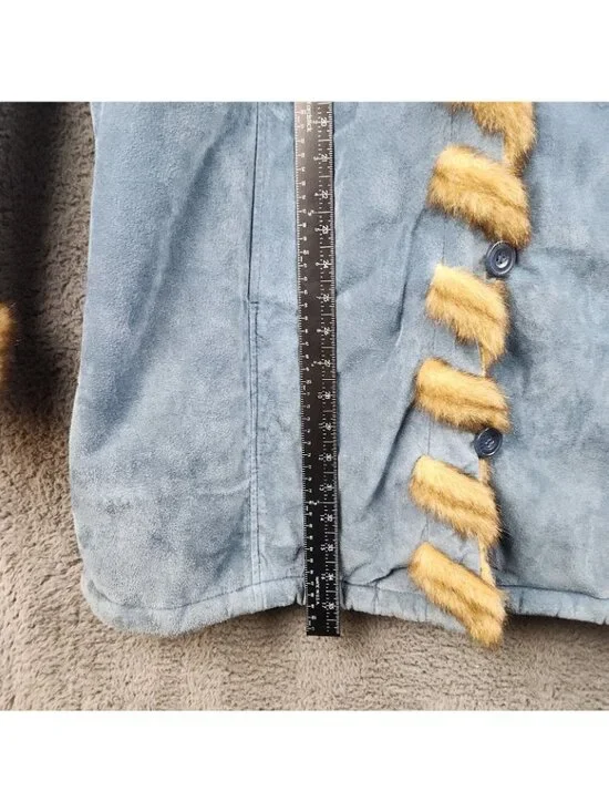 VTG 90's Boho Western Blue Suede Leather Faux Fur Lined Size Large Hooded Luxe - Picture 6 of 10